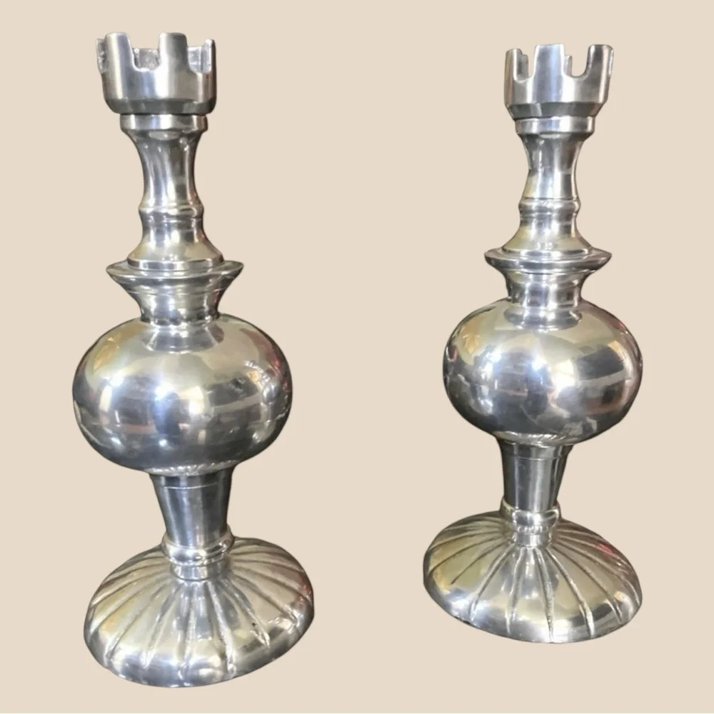 Vintage Silver Tone Metal Candlesticks Pair -Made in India- 8.25